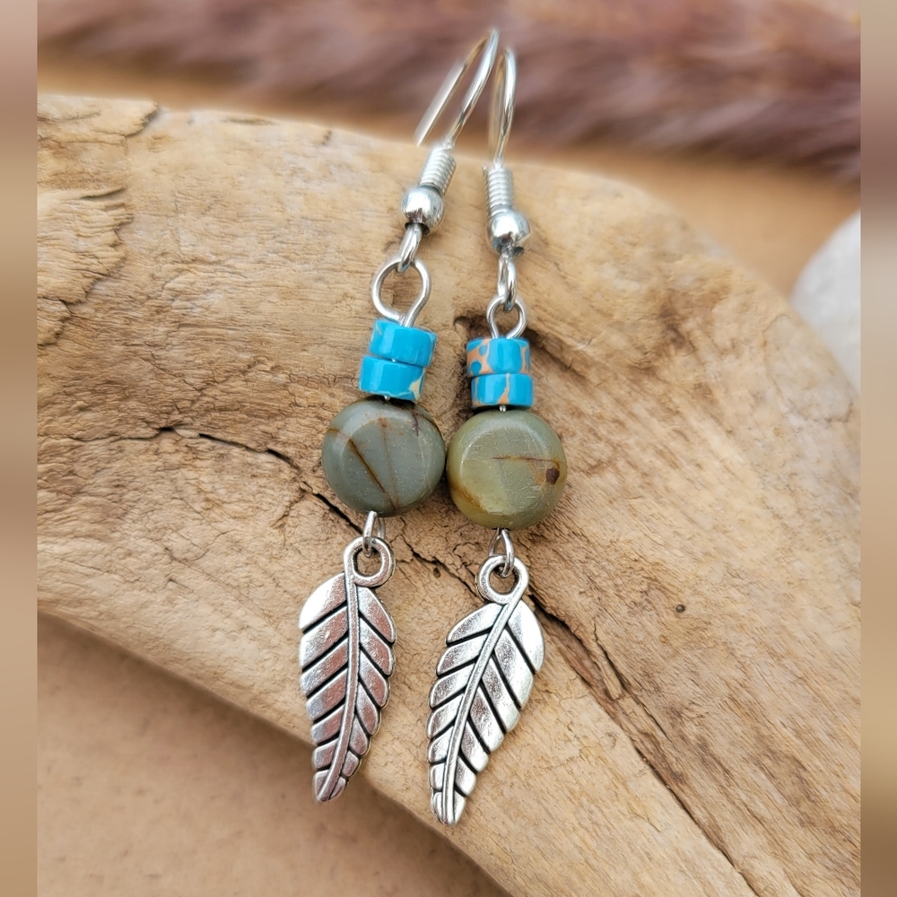Handmade Turquoise Silver Feather Boho Earrings.